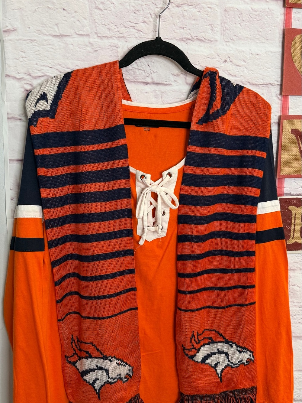 NFL Orange Lace-Up V-Neck Raglan Top with White Trim with MATCHING SCARF